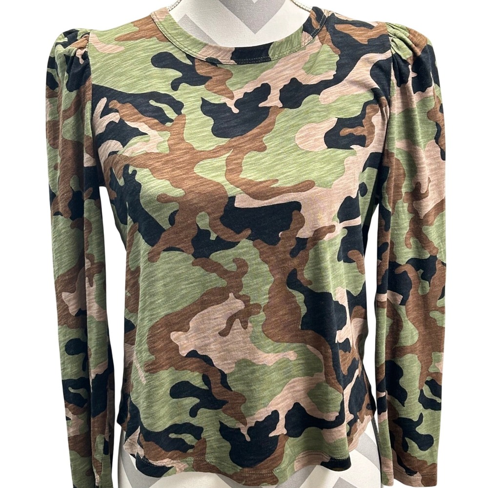 Veronica Beard Jeans Porter Tee Camo 3/4 Sleeve Puff Shoulder Top Size S